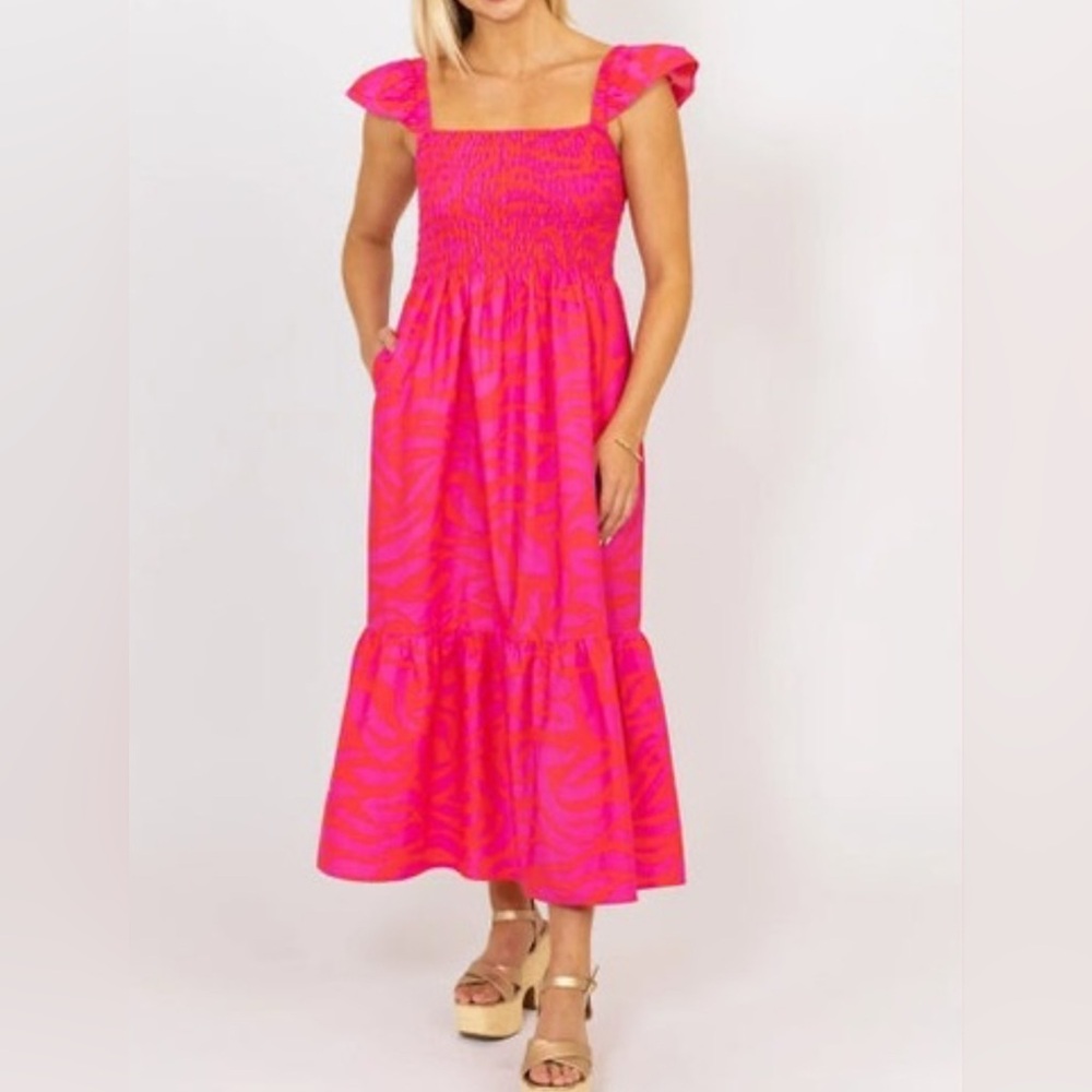 Karlie Pink Zebra Tiered Smocked Maxi Dress Size Medium.